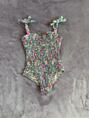 Girls' Multicolor Smocked One-Piece Swimsuit with Floral Straps